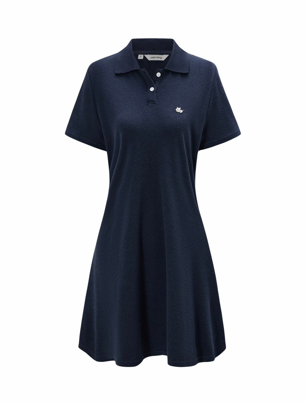 Navy blue terry polo dress with a small logo on a white background