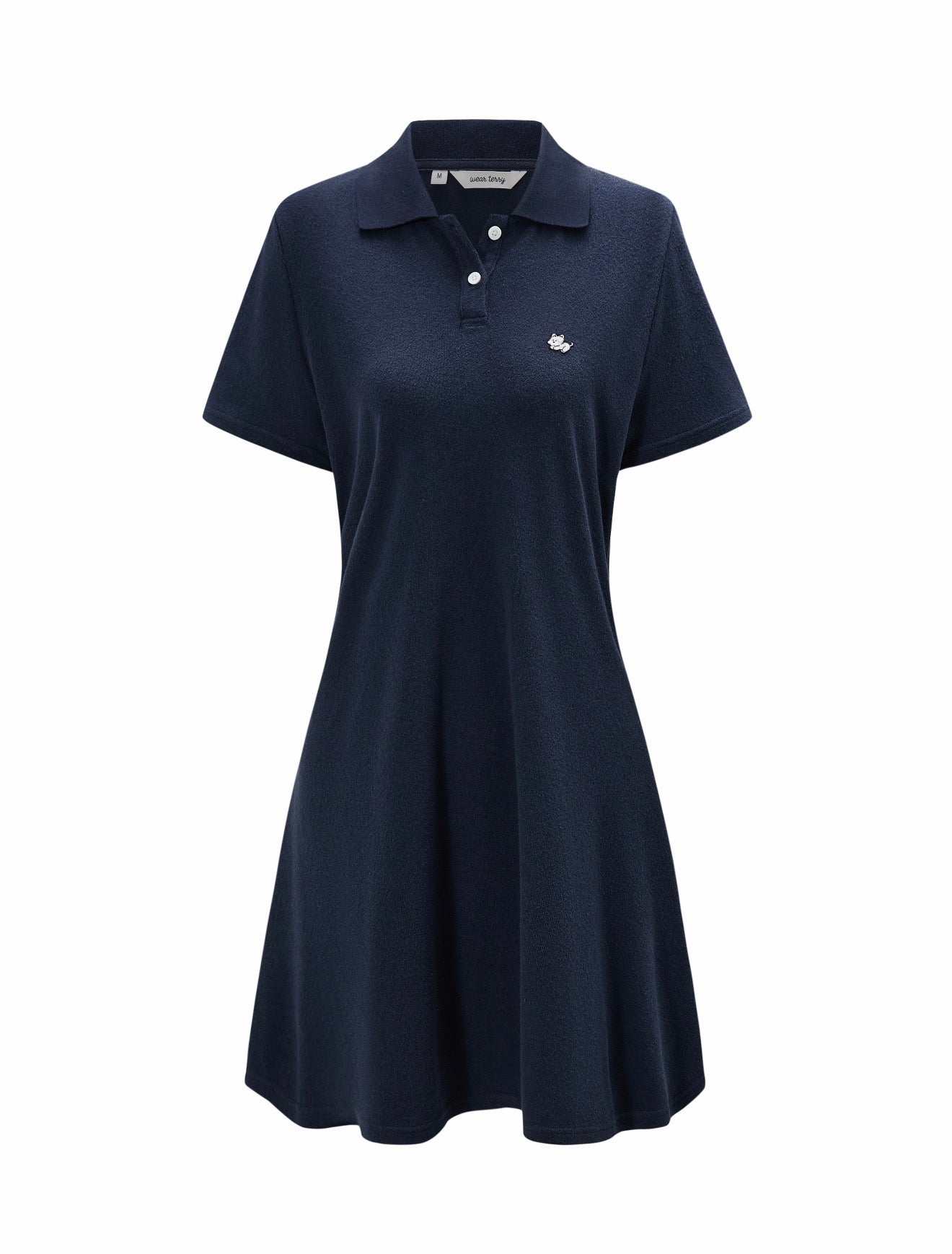 Navy blue terry polo dress with a small logo on a white background